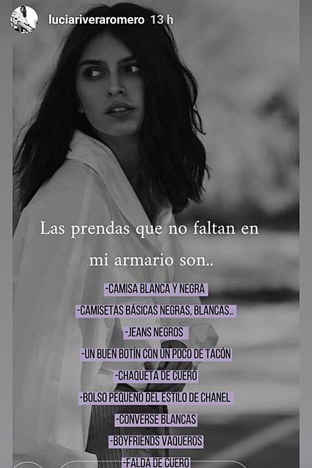 Lucía Rivera ha compartido un 'stories' de Instagram con sus prendas imprescindibles en el armario.