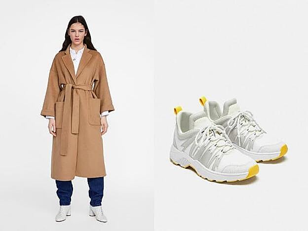 Abrigo y zapatillas de Zara.