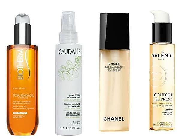Total Renew Oil de Biotherm (26,50 euros). Aceite Tratante Desmaquillante de Caudalie (16,80 euros). L'Huile Aceite Desmaquillante Antipolución de Chanel (40 euros). Confort Supreme Aceite Desmaquillante de Galénic (25 euros).