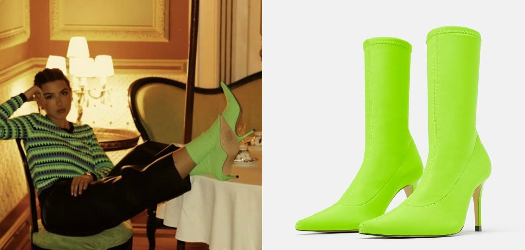 Los colores flúor se han convertido en la estrella de la temporada y estos controvertidos botines calcetín han sido uno de los golpes maestros de Zara. El look de Alba Díaz no pasa desapercibido y nos encanta. (49,95 euros).