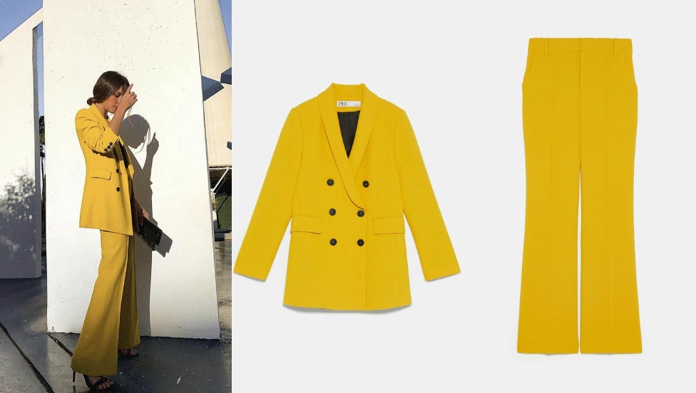 Este traje de chaqueta (79,95 euros) y pantalón (39,95 euros) amarillo es uno de los best seller de la nueva colección de Zara para primavera. Rocío Osorno consigue con tan solo estas dos piezas, el perfecto look de invitada.