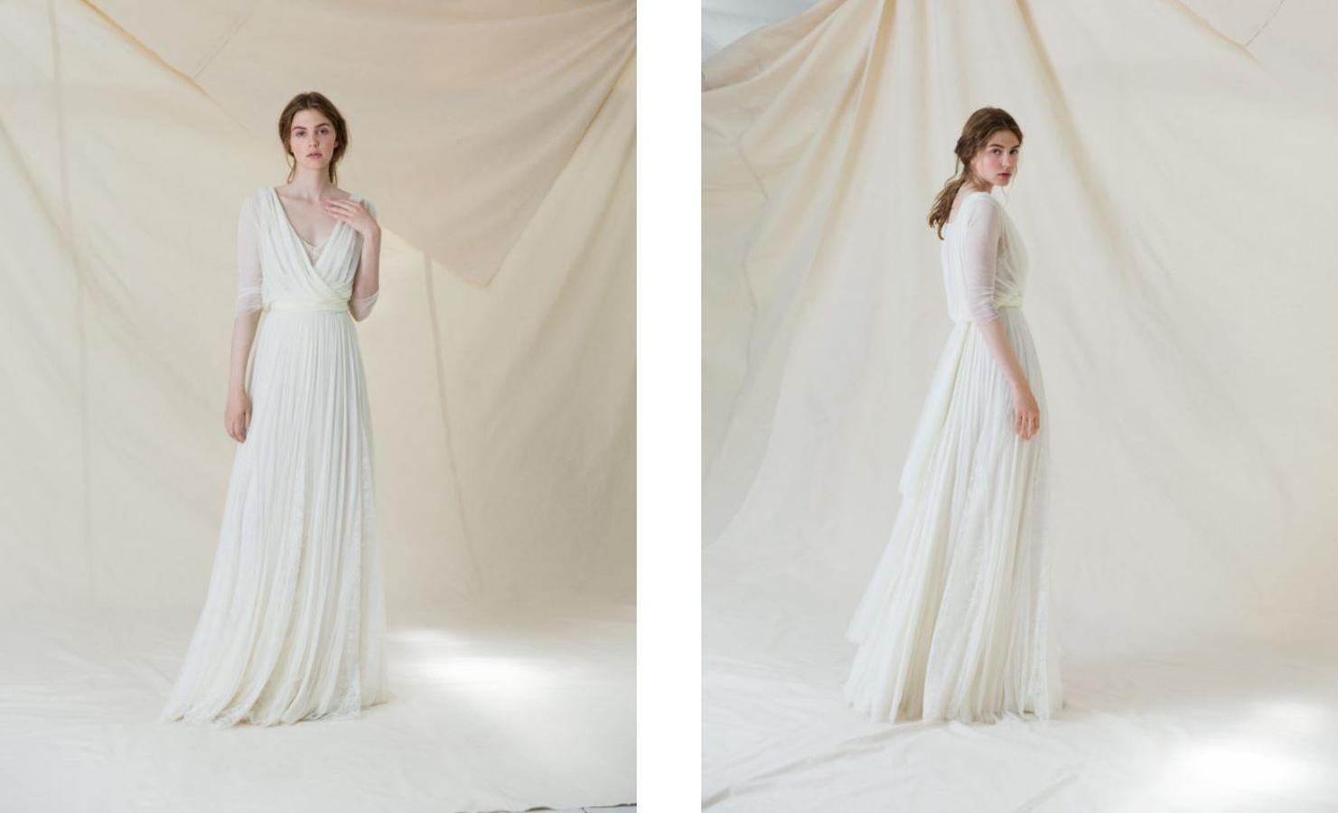 La delicadeza del dos piezas con cuerpo cruzado Fortunata y la romántica falda Flora nos parece una apuesta segura para el look de novia de Xisca Perelló.