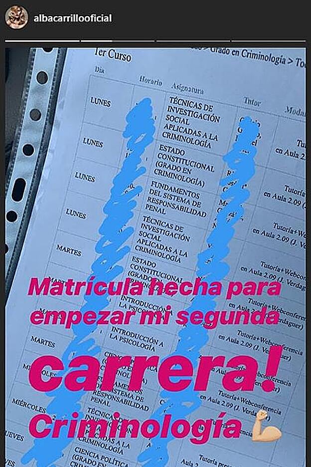 Alba Carrillo vuelve a la universidad para estudiar Crimonología.