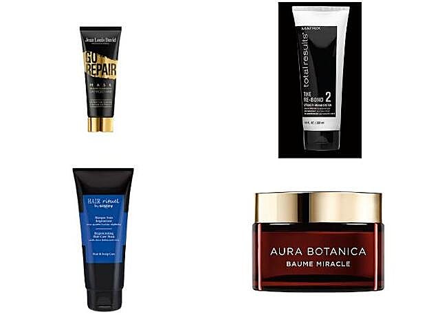 1. Mascarilla Go Repair Mask de Jean Louis David (17 €). 2. Re-Bond Pre Acondicionador de Matrix (12,20 €). 3. Hair Rituel Masque Soin Regenerante aux Quatre Huiles Vegetales de Sisley (75 €). 4. Aura Botanica Baume de Kerastase (39,95 €).