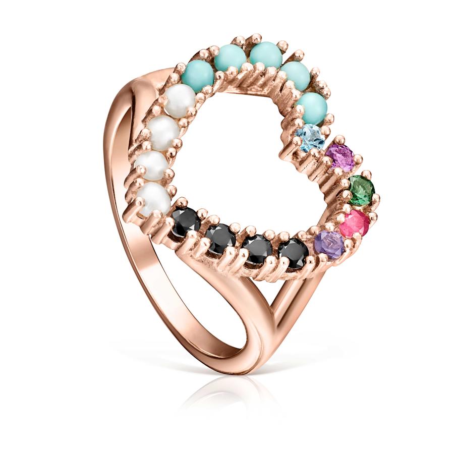 Llena tu corazón de color con este anillo de plata de 1ª ley vermeil rosa con diferentes piedras preciosas y perlas cultivadas de agua dulce.