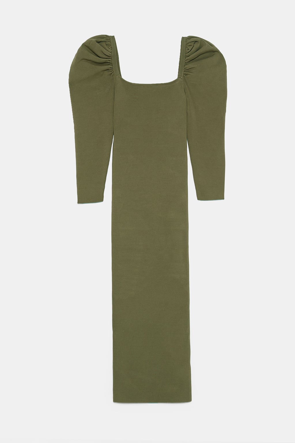 Vestido midi elástico con mangas abullonadas en color verde oliva. (39,95 euros).