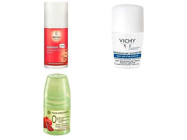 1. Desodorante 24h Roll-on Granada de Weleda (8,20 euros). 2. Desodorante roll on 24h sin sales de aluminio de Vichy (11,90 euros). 3. Desodorante Granada de España de Yves Rocher (2,50 euros.).