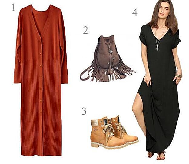 1. Chaqueta larga de punto con cuello de pico del Outlet de LaRedoute (25,19 euros), 2. Bolso con flecos 'Wild Bag' de Layer Boots (91 euros), 3. Bota de piel vintage con forro de Panama Jack (135 euros) y 4. Vestido largo maxi en color negro de Shein (16 euros).