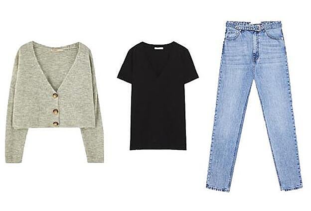 1. Chaqueta de punto soft botones de Pull & Bear (22,99 euros), 2. Camiseta básica negra de Zara (5,99 euros), 3. Jeans mom fit de Stradivarius (29,99 euros).