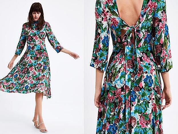 Su escote en la espalda tiene detalle de lazada y cintura elástica.