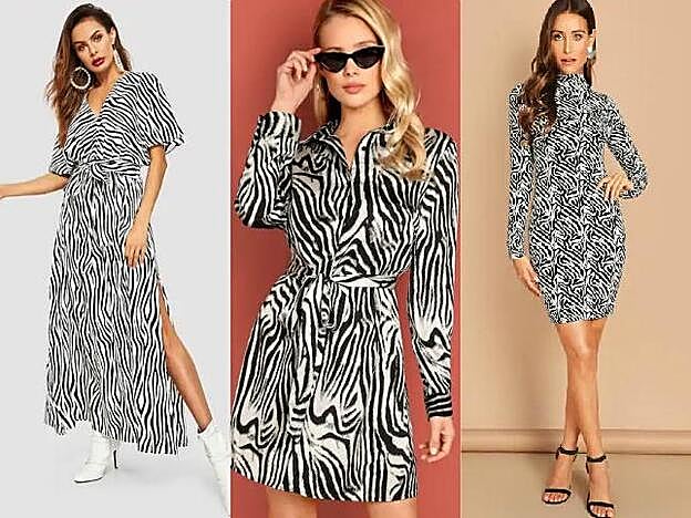 1. Vestido midi escote pico. (18 euros). 2. Vestido camisero con estampado de cebra. (11 euros). 2. Vestido ajustado con cuello y manga larga. (8 euros).