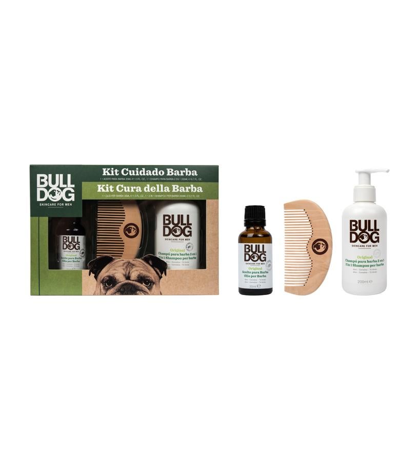 Este pack contiene los productos necesarioa para cuidar la barba: Champú, que limpia, refresca, acondiciona y nutre; aceite, que suaviza, ablanda el vello y revitaliza, y un peinade de madera para colocar todos los pelillos en su sitio.  Kit Cuidado Barba de Bulldog  (15,95 €).