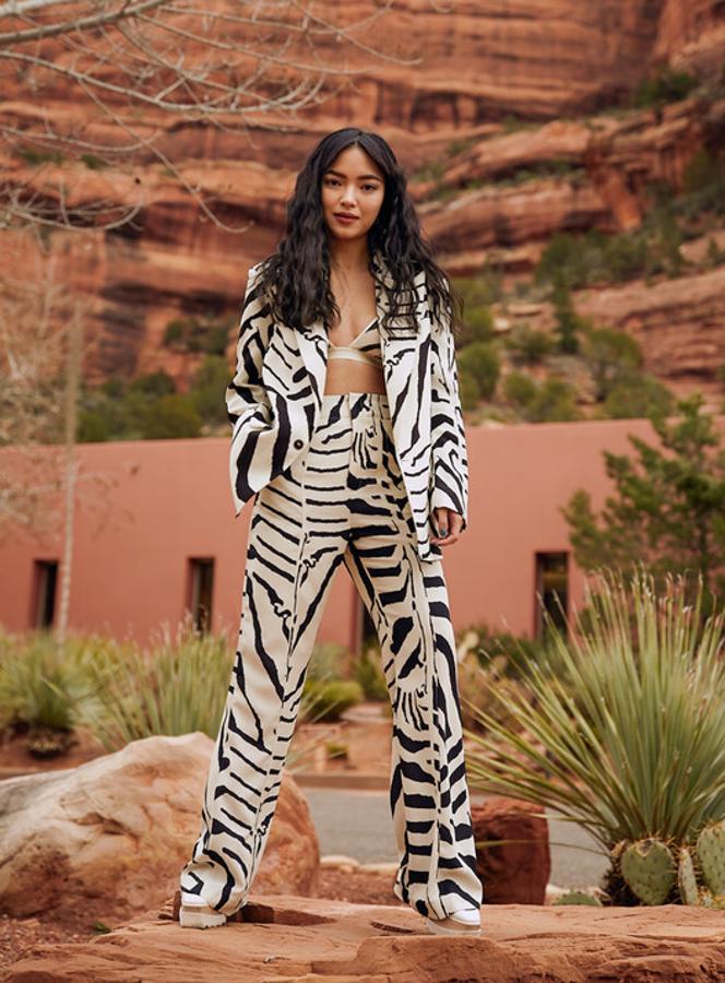 Chaubui también apuesta por este atrevido traje de chaqueta (99 euros) y pantalón (79.99 euros) con estampado de cebra de la colección H&M Studio SS19.