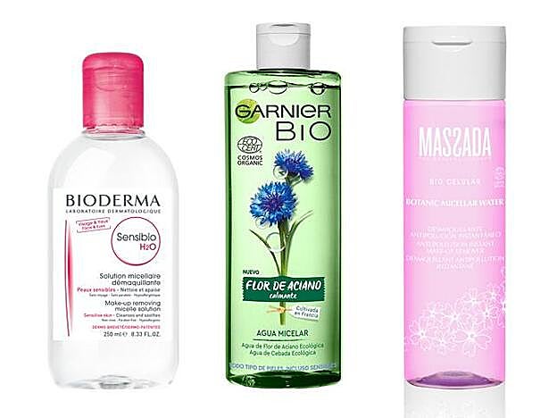 Sensibio Agua Micelar de Bioderma (11,95 €). Agua Micelar Flor de Acianao de Garnier Bio (5,95 €). Bio Celular Botanic Micelar Water de Massada (27,50 €).