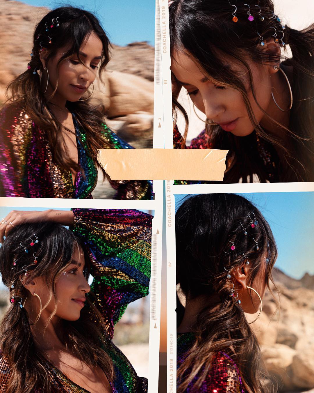 Las joyas para el pelo son uno de los accesorios más utilizados por las influencers para decorar la melena. Este peinado de Julie Sariñana es perfecto para triunfar en los festivales: dos coletas semi onduladas con el pelo delantero suelto para un estilo muy messy. Para colocar las joyas se han dejado dos mechones a cada lado que se han girado hasta anudar las coletas en la parte baja de la cabeza.