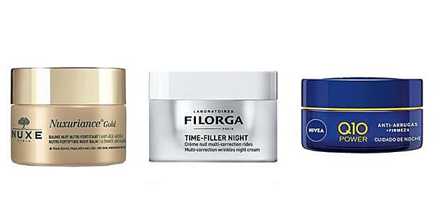 1. Nuxuriance Gold Bálsamo Noche Nutri-fortificante Antiedad Absoluto de Nuxe (69,90 €). 2. Time-Filler Night Crème Nuit Multi-correction Rides de Filorga (65,50 €). 3. Q10 Power Cuidado de Noche Antiarrugas + Firmeza de Nivea (19,99 €).