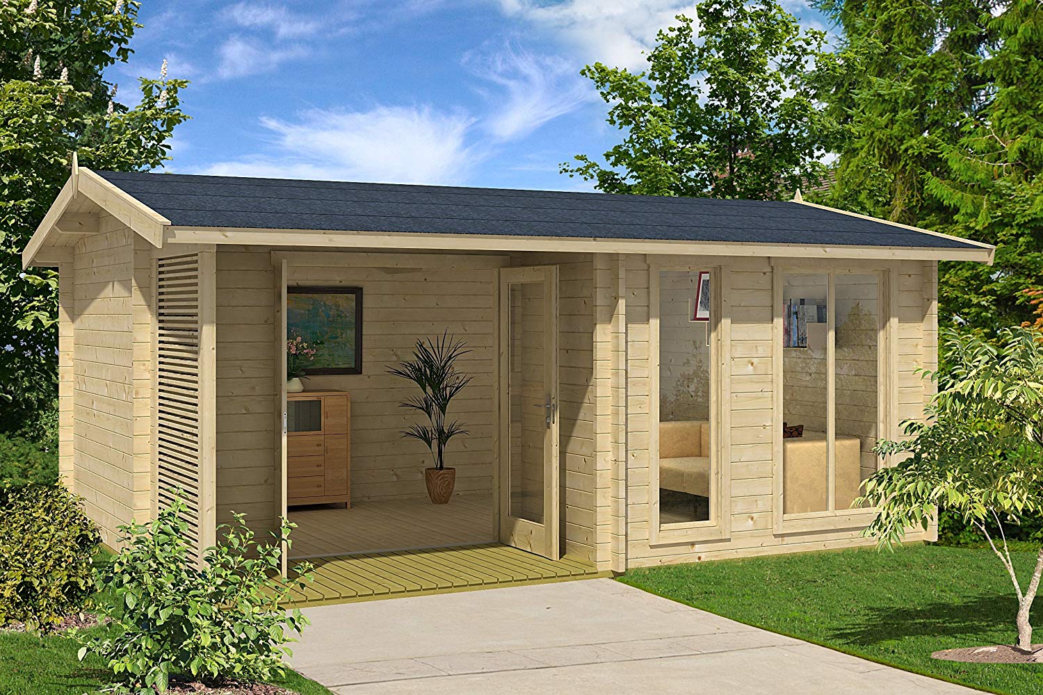 Esto ya se va poniendo serio... esta 'casita' de madera es perfecta como casa de invitados para el jardín, pues mide más de 80 metros cuadrados divididos en dos estancias (salón y domitorio).  Cuesta 7.500 euros en Amazon .