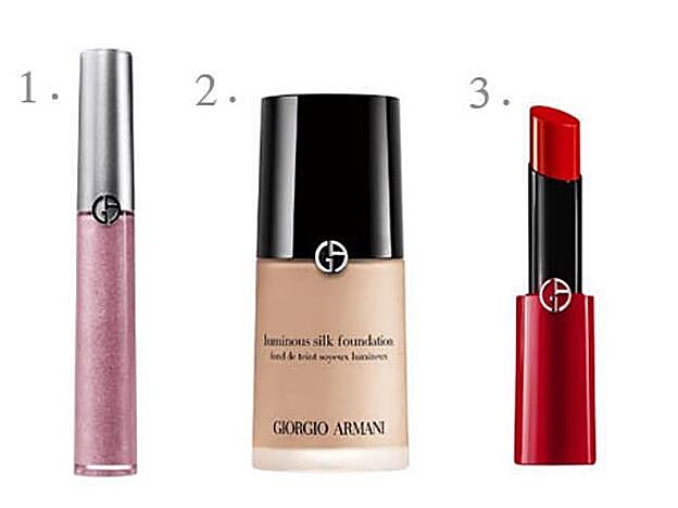 1. Sombra de ojos Eye Tint Giorgio Armani, (35 euros) / 2. Base de maquillaje Luminous Silk Foundation Giorgio Armani (56 euros) / 3. Barra de labios Ecstasy Shine Giorgio Armani (37 euros).