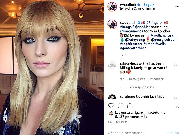 El peluquero Christian Wood ha sido el artífice del nuevo corte de pelo de Shopie Turner, con flequillo como protagonista.