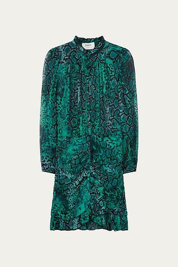 Vestido mini con estampado animal print en color verde (modelo rackel), 240 euros.