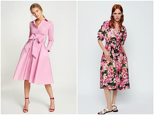 A la izquierda, el vestido de invitada de Carolina Herrera (560 euros). A la derecha, el vestido de invitada de Zara (49.95 euros).