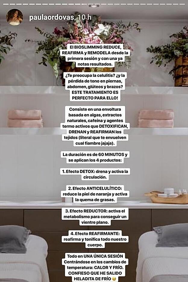 Paula Ordovás ha revelado en stories en qué consiste uno de los tratamientos que está aplicandose para decir adiós a la celulitis.