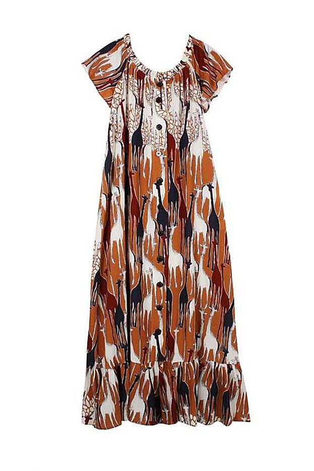 Vestido midi con escote tipo barco y con estampado étnico, 249,90 euros.