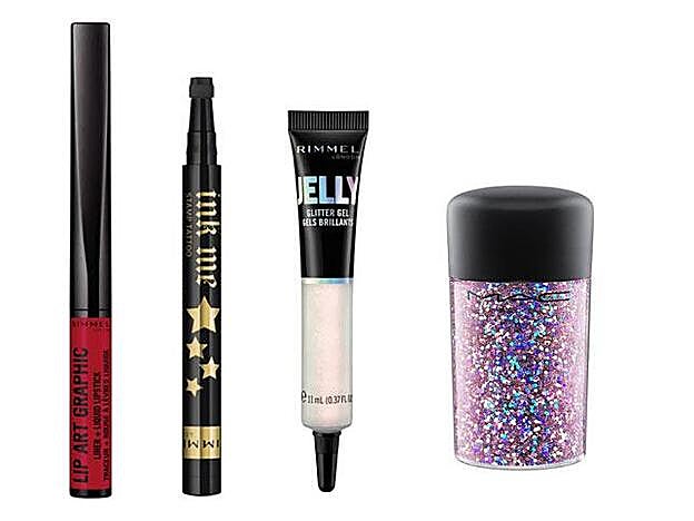 1. Perfilador y Labial Líquido Lip Art Graphic / 2. Lápiz de sello de tatuaje negro en forma de estrella Ink Me /3. Rimmel Jelly Glitter Gel / 4. Glitter Galactic de MAC.