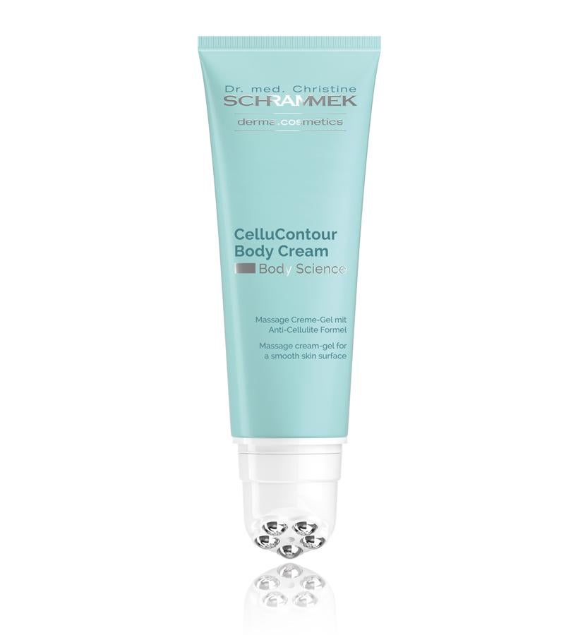 Su aplicador, con cinco cabezales, aumenta la estimulación mecánica de la lipólisis. Su fórmula contiene un complejo a base de glaucina, que estimula la lipólisis y ayuda a promover la movilización de depósitos de agua y grasa; alga roja, que posee una gran potencia remodeladora, y guaraná, que promueve la circulación sanguínea y lipolítica.  CelluContour Body Cream de Dra. Schrammek  (67 €).