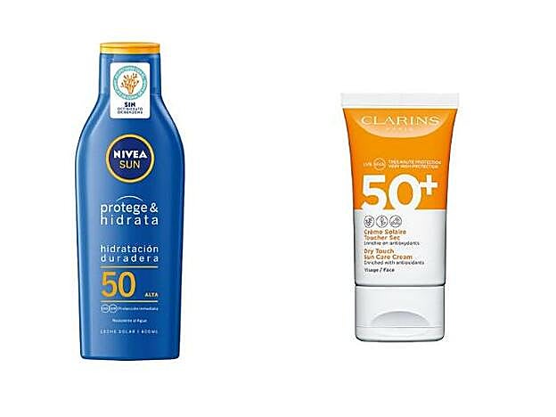 1. Protege & Hidrata Leche Solar SPF50 de Nivea (14,99 €). 2. Crème Solaire Toucher Sec SPF50+ de Clarins (29,50 €).