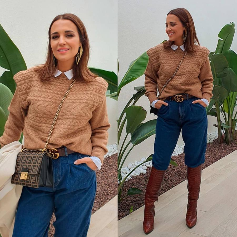 Paula Echevarría consiguió aunar tres de las tendencias de este invierno con  este look . Unos jeans slouchy de Zara que combinó con jersey de Mango y botas.