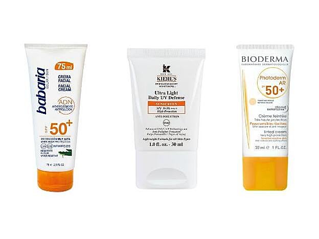1. Crema Facial Aloe Protección Muy Alta SPF50 de Babaria (7,50 €). 2. Ultra Light Daily UV Defense Aqua Gel SPF50 de Kiehl’s (36 €). 3. Photoderm AR SPF50 Crème Teintée Pieles Sensibles y Reactivas de Bioderma (17,95 €).
