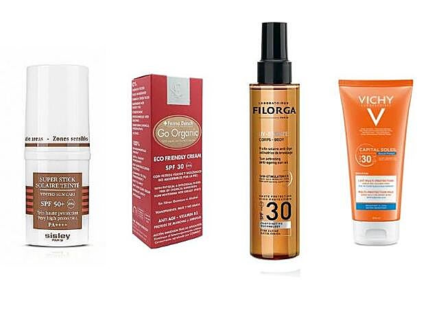 1. Super Stick Solaire Teinté SPF50+ de Sisley (86 €). 2. Go Organic Eco Friendly Cream SPF30 de Fridda Dorsch (38 €). 3. Aceite Solar Antiedad Cuerpo SPF30 de Filorga (29,90 €). 4. Capital Soleil Beach Protect Leche Multiprotectora de Vichy (22,45 €).