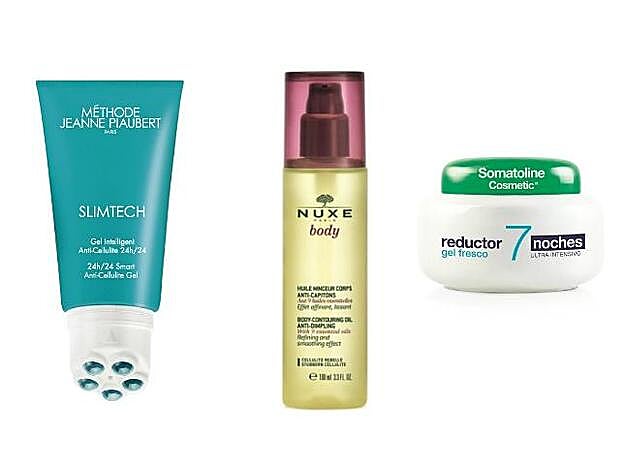 1. Slimtech Cell-Control de Jeanne Piaubert (49 €). 2. Aceite Adelgazante Celulitis Infiltrada de Nuxe (26,90 €). 3. Reductor 7 Noches Gel Fresco Ultra Intensivo de Somatoline (49,90 €).