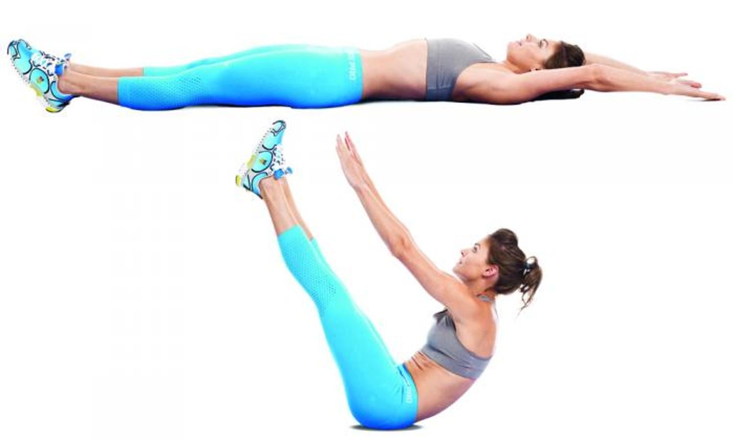 Siéntate sobre una superficie plana y eleva tus piernas. Luego eleva tus brazos como tratando de tocar la punta de tus pies. Tu cuerpo debe estar en posición recta. Mantente sentado en 'V' durante 45 segundos. Realiza 3 repeticiones de 45 segundos cada una.