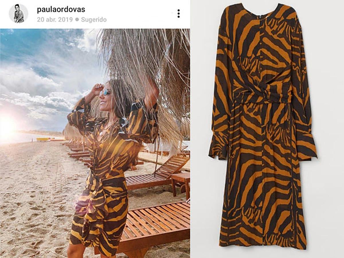 Paula Ordovás no se ha podido resistir este verano a este vestido vaporoso con estampado de cebra en color naranja de H&M cuyo precio en la web es de 99 euros.