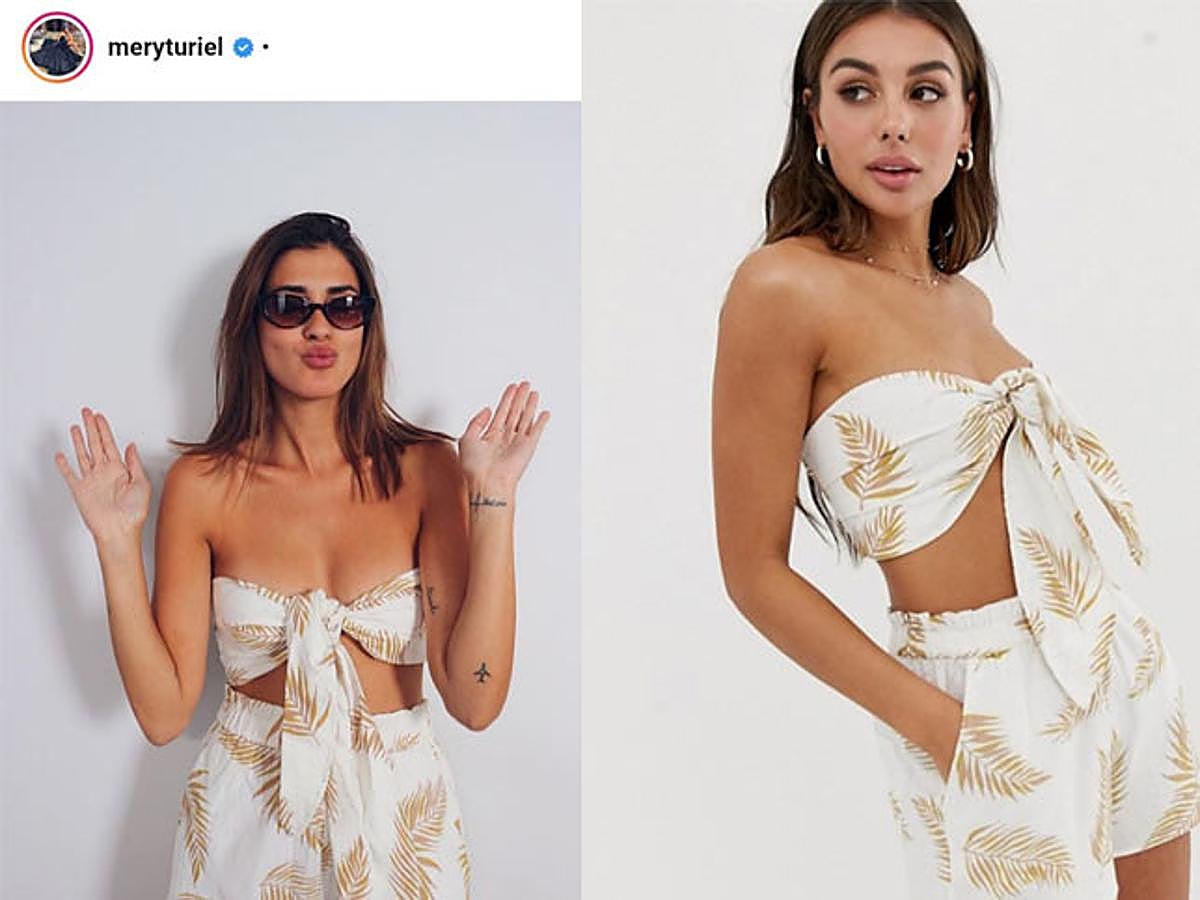Mery Turiel dio con el conjunto de top y pantalón corto perfecto para la playa. Concretamente este con  estampado de hojas de Fake Love de Billabong x Sincerely Jules  está disponible en Asos y por unos 99 euros.