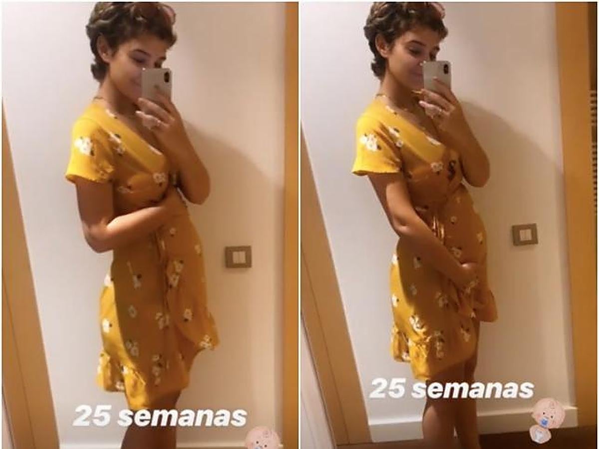 Para celebrar las 25 semanas, Lauara Escanes optó por este vestido amarillo de flores de Stradivarius.