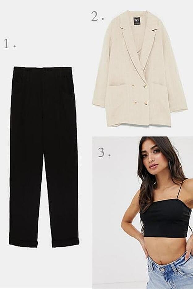 1. Pantalón de tiro medio confeccionad en tejido con mezcla de lino de Zara (17,99 euros) / 2. Blazer de lino amplia de cuello y solapa con manga larga de Zara (25,99 euros) / 3. Bandeau corto con tirantes estrechos en negro de ASOS (10,49 euros).