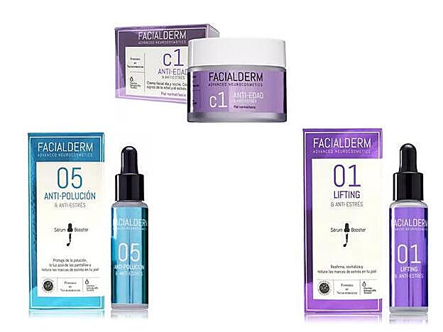 1. Crema facial C1 ANTIEDAD & Antiestrés facial para piel normal/seca (24,95 euros) /2. Sérum Booster 05 ANTI-POLUCIÓN & Antiestrés (24,95 euros) / 3. Sérum Booster 01 LIFTING & Antiestrés Facial (24,95 euros).