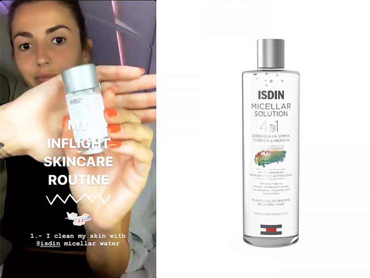 La influencer comienza su rutina de belleza eliminando todo rastro de maquillaje de su rostro con la agua micelar de Isdin. Ella opta por un bote en formato viaje perfecto para limpiar, desmaquilar, tonificar e hidratar la piel.