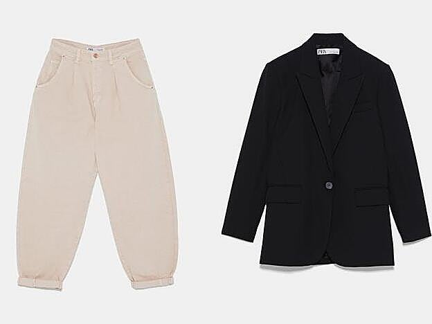 Jeans anchos de tiro alto con pinzas en el delantero (29,95 euros) / Blazer amplia de cuello y solapa con manga larga (19,99 euros).