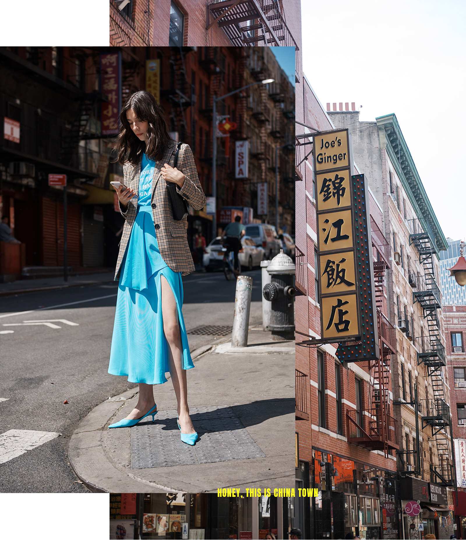 Zapato destalonado: 29,99 euros. Chaqueta a cuadros: 49,99 euros y falda en color azul con abertura y volante: 39,99 euros. Todo en Sfera.