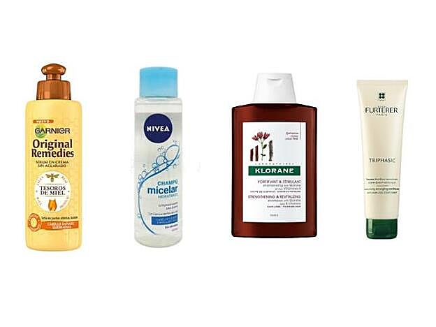 1. Original Remedies Sérum en Crema sin Aclarado Tesoros de Miel de Garnier (6,95 €). 2. Champú Micelar Purificante de Nivea (5,30 €). 3. Champú Fortificante a la Quinina de Klorane (8,76 €). 4. Bálsamo Triphasic de Rene Furterer (19,90 €).