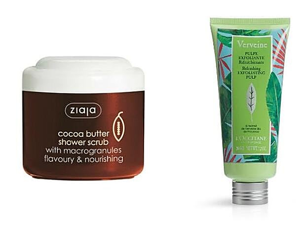 1. Manteca de Cacao Gel Exfoliante de Ziaja (5,99 €). 2. Pulpa Exfoliante Verbena Clásica de L’Occitane (5,99 €).