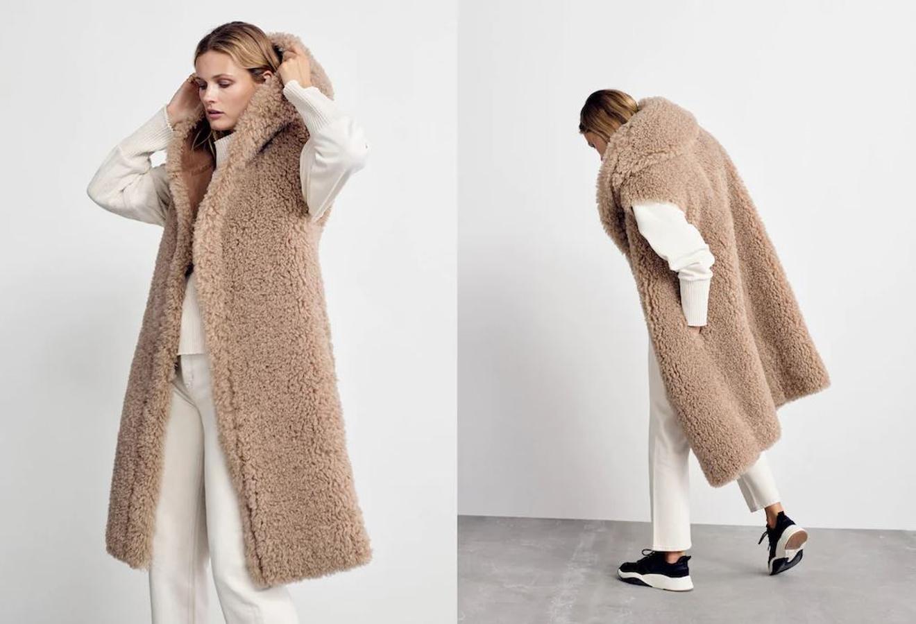 Chaleco de borreguito marrón ideal para conjuntar con prendas claritas como este pantalón (39,99 euros) y jersey de cuello vuelto (19,99 euros).