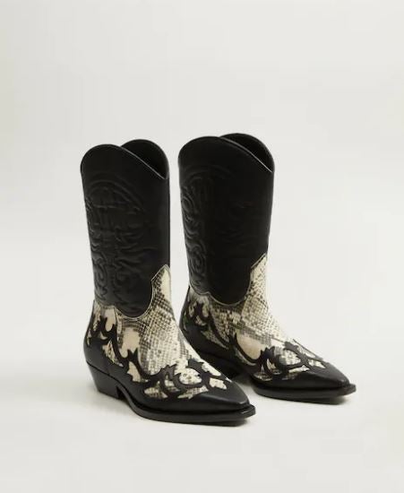 ROMPEDORES: Botines de piel cowboy combinados con estampado de serpiente y caño alto. De Mango. (109,99 euros).