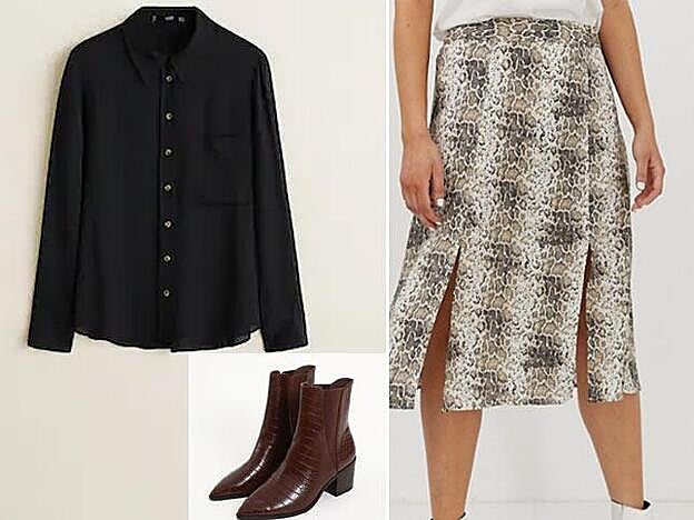 Camisa fluida en color negro con bolsillo de Mango (19,99 euros), Botines acharolados de imitación cocodrilo (35,99 euros) y Falda midi con estampado de serpiente de Pimkie disponible en Asos (26,99 euros).