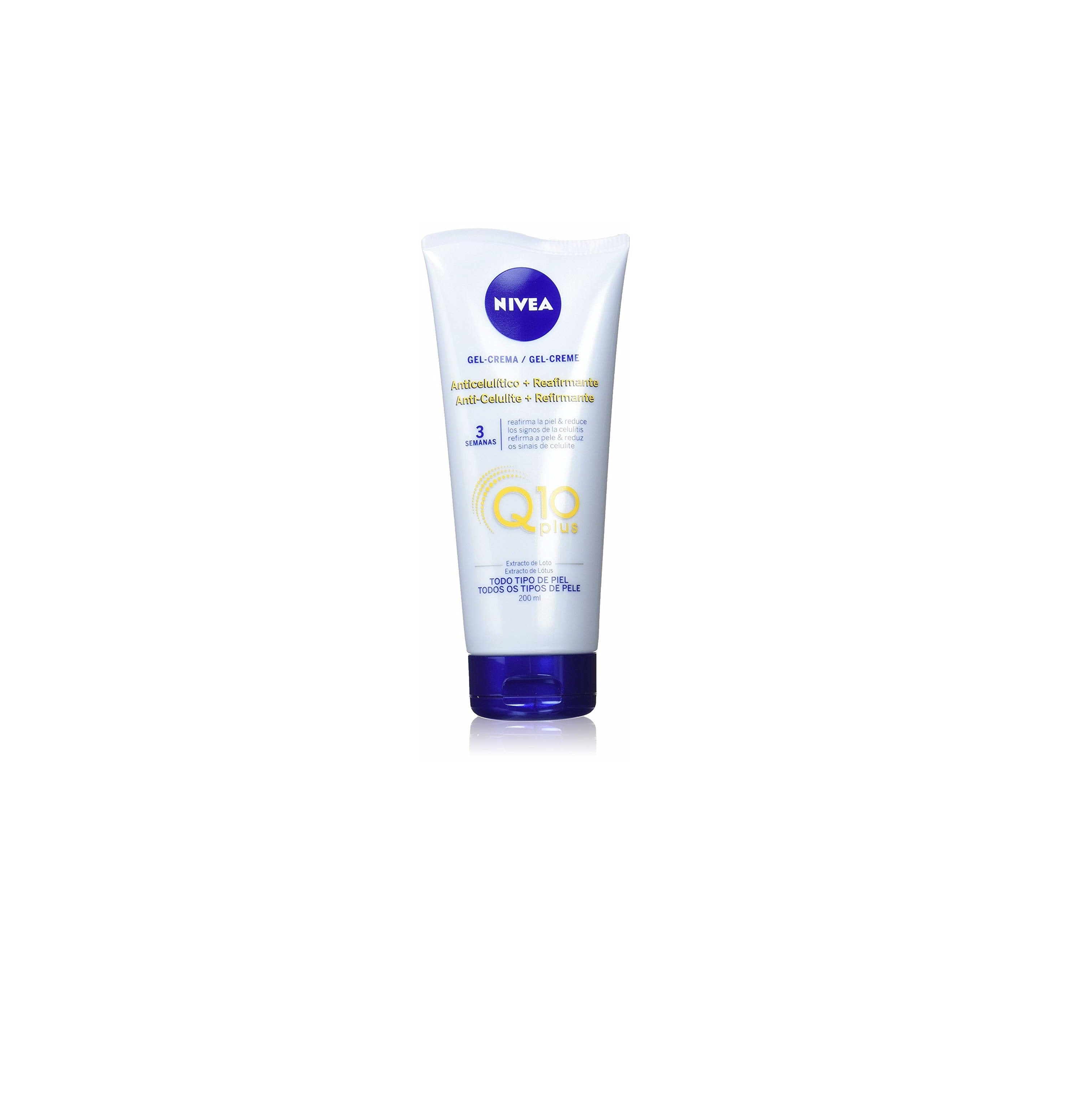 La fórmula de la  crema Nivea Q10 Plus  reduce los signos de la celulitis, reafirma la piel, la hidrata, favorece la regeneración celular y aporta un efecto calmante y refrescante. Los resultados serán visibles a partir de la tercera semana usándola a diario.-Precio: 9,31 euros.-Calificación: 3,3 de 5 estrellas.