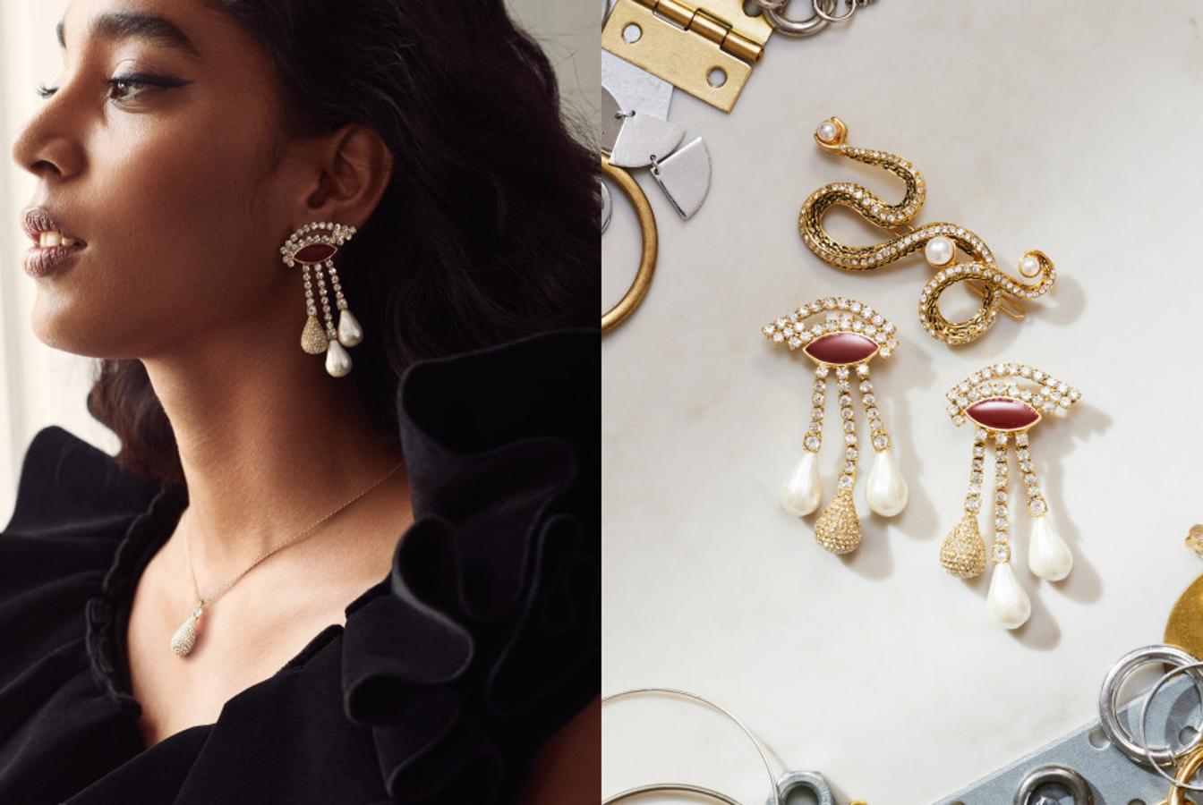 Los complementos y accesorios de esta colección son también espectaculares. Aquí vemos unos oendientes de clip con tres colgantes con forma de lágrima (39,99 euros) y un pasador para el pelo adornado con perlas (17,99 euros).